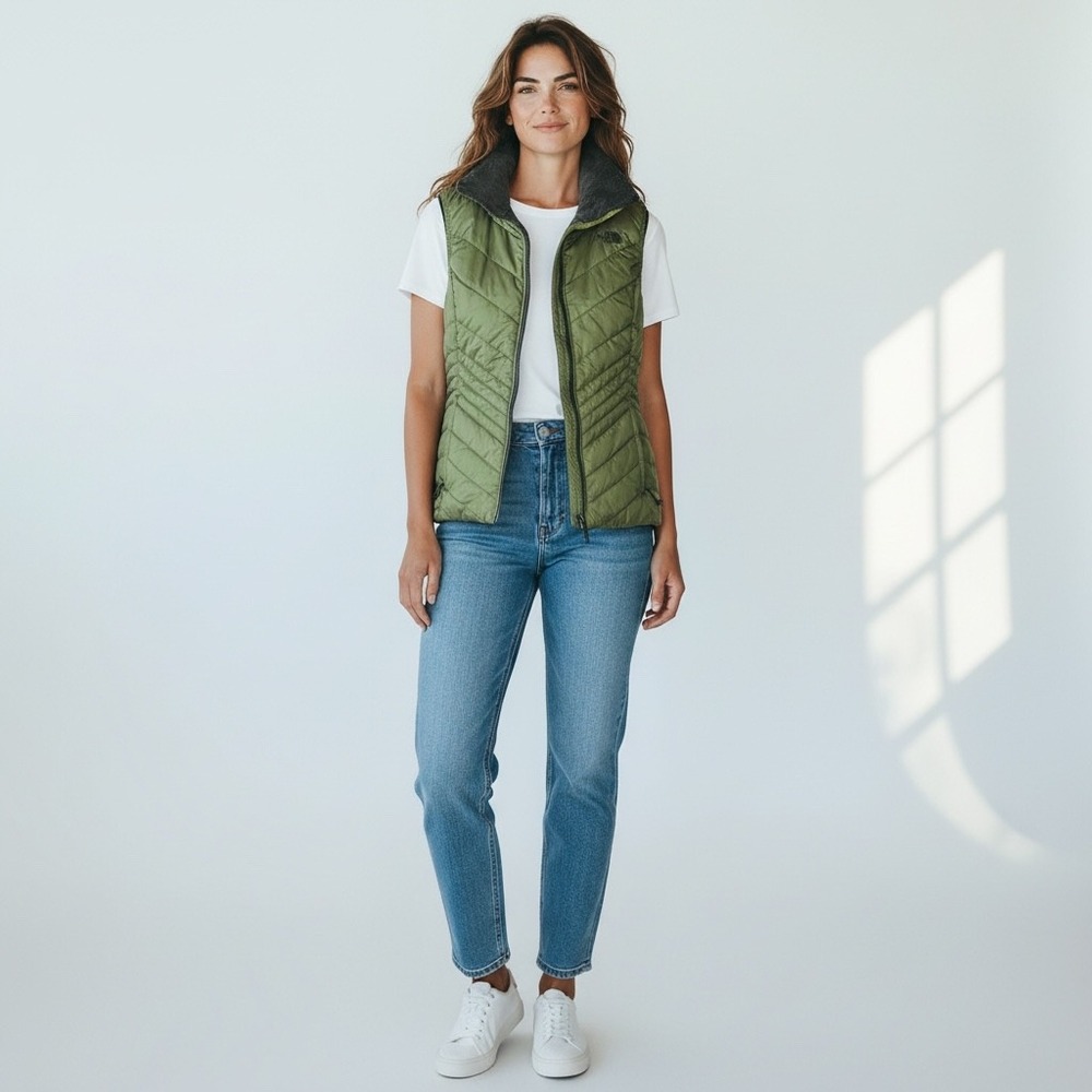 The North Face‎ Mossbud Reversible Insulated Vest Olive Green Grey Womens Medium